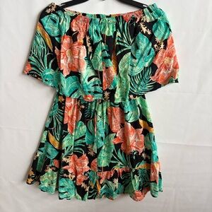 Blakley Tropical Off-Shoulder Dress in Black, Green & Coral. Size S/M. INV25/430